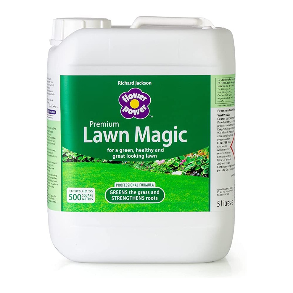 Flower Power Richard Jackson Premium Lawn Magic, Covers 500M, Lawn Feed For Gardens, Greens The Grass & Strengthens The Roots (5L)