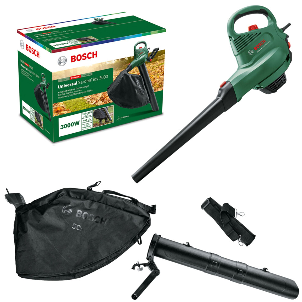 Bosch Electric Leaf Blower and Vacuum UniversalGardenTidy 3000 (3000 W, collection bag 50 l,variable speed,for blowing, vacuuming shredding leaves, We