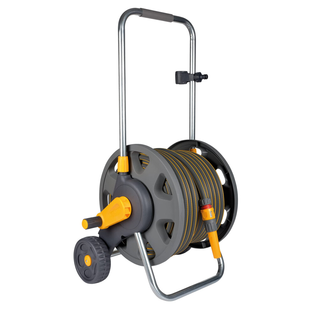 HOZELOCK - Cart Plus 50m of Ultramax hose (12.5 mm): Max Capacity 60m, Rewind Handle, Sturdy Frame for general use, Supplied Assembled, Nozzle and Fit