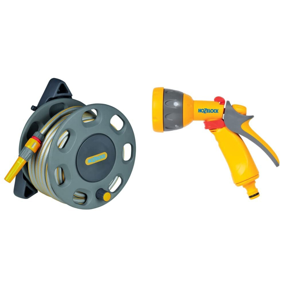 Hozelock 30M Wall Mounted Reel With 15M Hose & Spray Gun, Multi-Colour