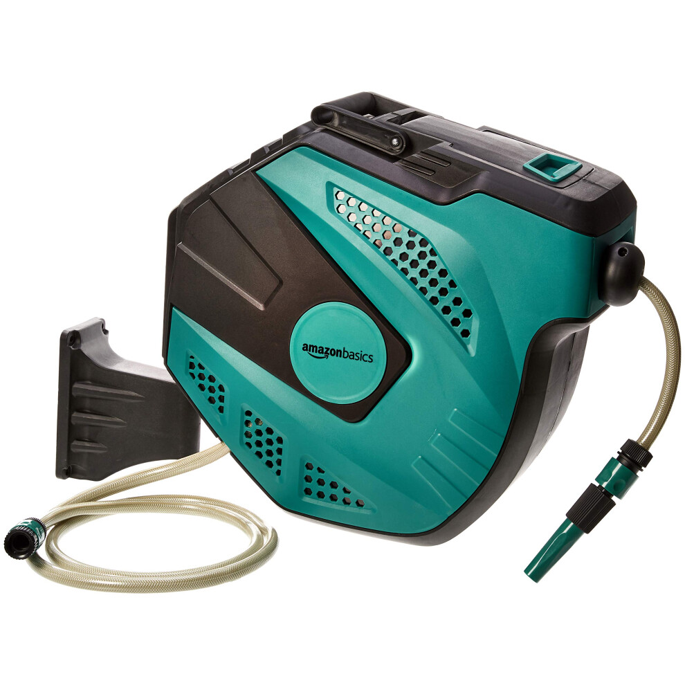 Amazon Basics Auto-Rewindable Hozelock Wall-Mounted Hose Reel, 25 m, Black and Green