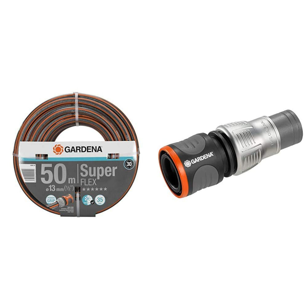 Gardena 18099-20 13 Mm Premium Super Flex Hose - / & 18255-20 Packaged Premium Hose Connector, Silver/Black, 1/2-5/8-Inch Orange/Grey/Silver