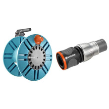 Gardena Wall-Fixed Hose Reel with Hose Guide - Blue & GARDENA 18255-20 Packaged Premium Hose Connector, Silver/Black, 1/2-5/8-Inch