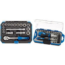 Draper 18 Piece Metric Socket Set with Ratchet Tool & Case - 3/8" Square Drive - DIY Home Professional & Car Kit, Blue & 46479 Ratchet Screwdriver and