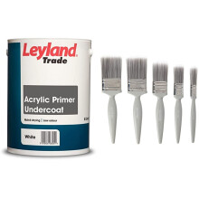 Leyland Trade Acrylic Primer Undercoat - White 5L and Harris Essentials Walls & Ceilings Paint Brush Set | Pack of 5 | 0.5", 1", 1.5", 2"