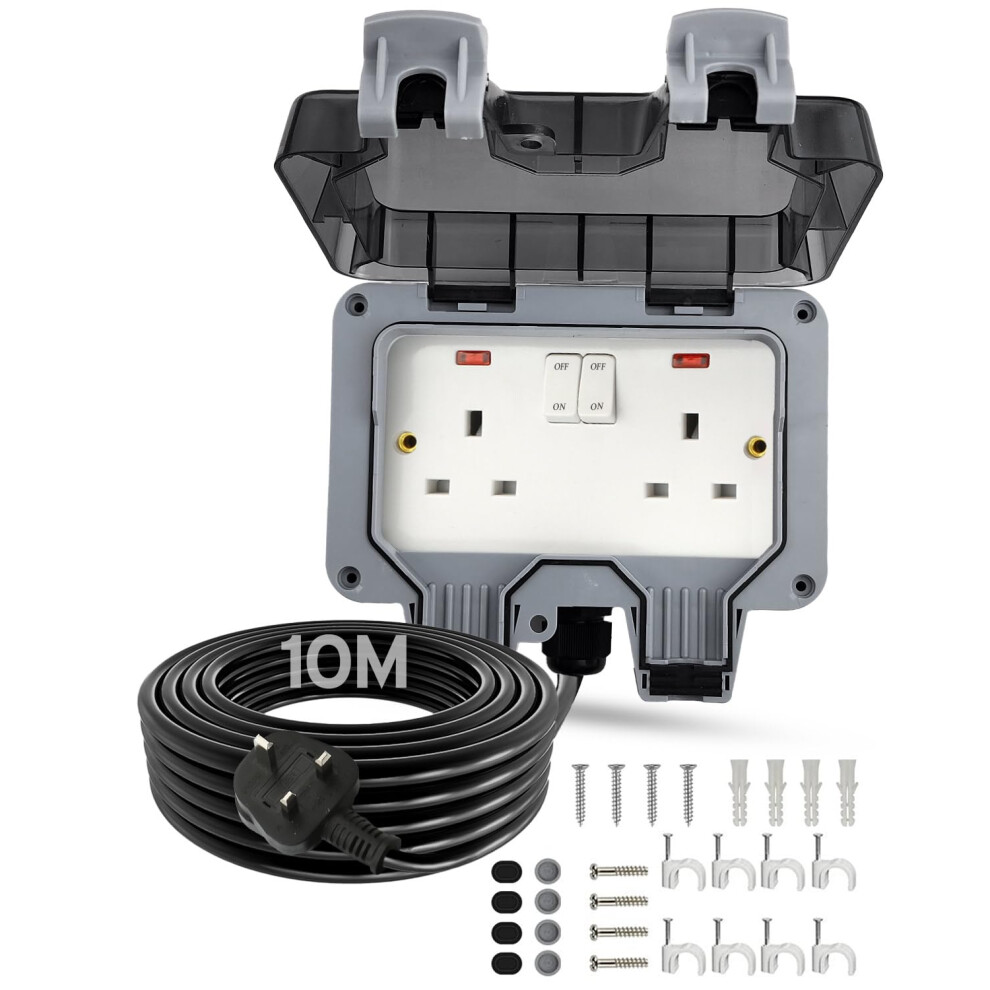 Outdoor Socket With 10M Extension Lead, Outdoor Double Socket Waterproof Ip66, 13Amp Weatherproof Outdoor Sockets With Switch Indicator Light, Wall El 5051218525804