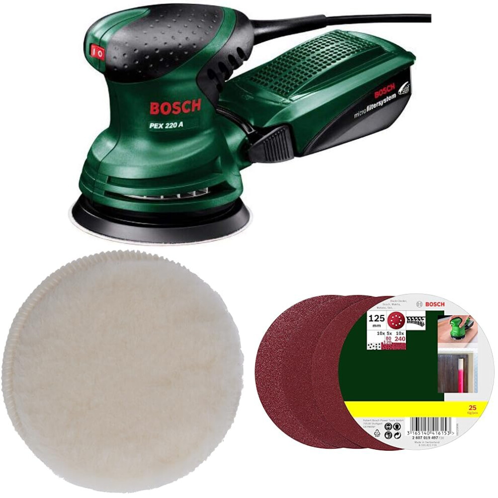 Bosch Home and Garden Random Orbit Sander PEX 220 A & Bosch Professional 2609256049 Lambswool Hood & 25 Random Orbit Sanding Sheets of 125 mm, 80-240