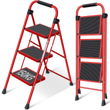 KINGRACK 3 Step Ladder, Folding Ladder with Non-Slip and Wide Pedal, Small Ladder with Handle, Sturdy Steel Ladder, Lightweight and Portable Step Ladd