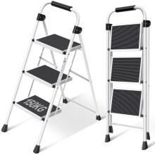 KINGRACK 3 Step Ladder, Folding Ladder with Non-Slip and Wide Pedal, Small Ladder with Handle, Sturdy Steel Ladder, Lightweight and Portable Step Ladd