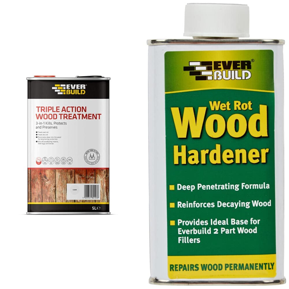 Everbuild Triple Action Wood Treatment | Kills and Protects Against Wood Rot and Wood Boring Insects - Clear - 5 Litr & WOODHARD2 LumberIrwin Wet Rot