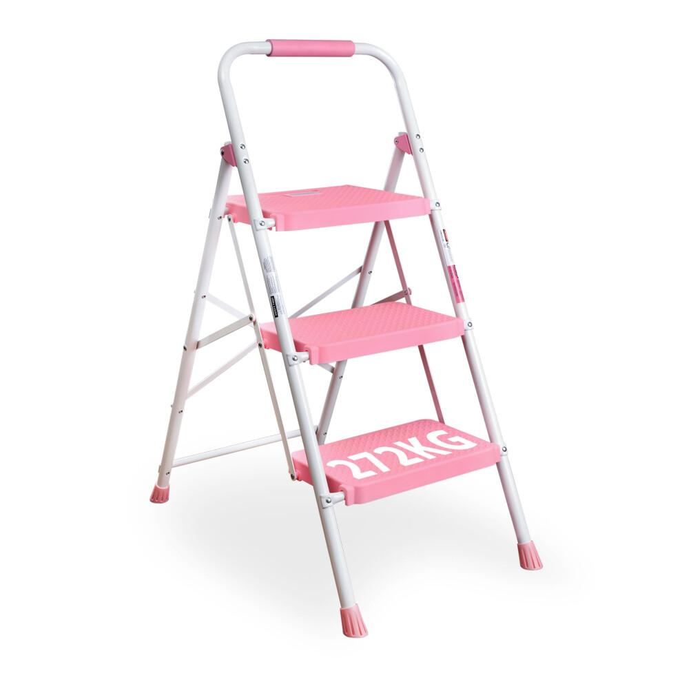 Bontec 3 Step Ladder, Capacity 272Kg With Wide Anti-Slip Pedals, Folding Steel Step Stool, Sponge Handlebar, Lightweight Portable Ladder Suitable For 5051218526443
