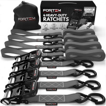 FORTEM Ratchet Tie Down Straps, 2362kg Break Strength, (4) 3.04 Meter Heavy Duty Straps, (4) Soft Loops, Rubber Coated Metal Handles, Plastic Coated M