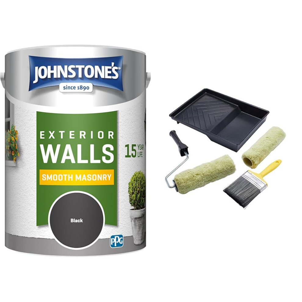 Johnstone's, Exterior Smooth Masonry Paint, Black, Up to 15 Years Protection & ProDec PRRT028 5 piece Twin Masonry Paint Roller, Frame, 4" Brush and T
