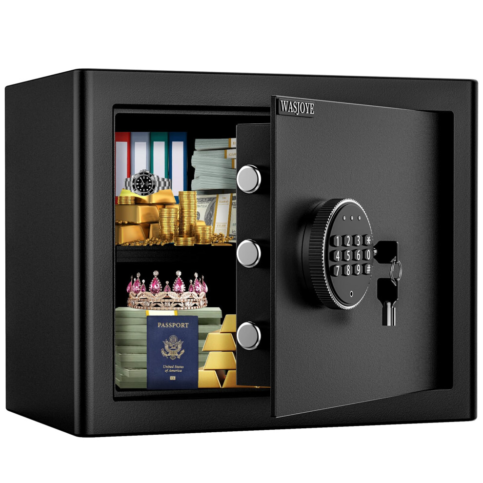 Wasjoye Safe And Lock Box, Money Cash Deposit Box, Safety Box With Digital Keypad Double Keys,Wall Or Cabinet Anchoring Design For Home Office Hotel B 5051218527013