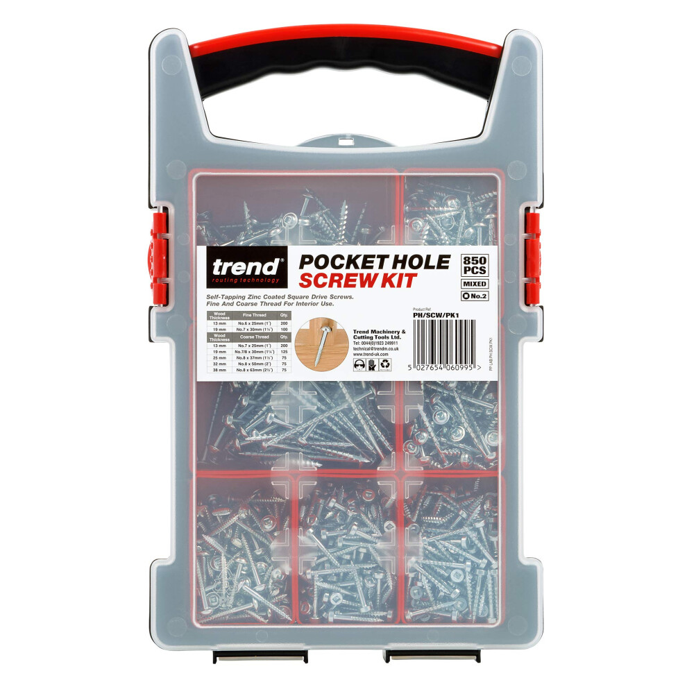 Trend Pocket Hole Screws For Hard & Softwoods, Assortment Pack Of 850, Self-Tapping Zinc Coated Square Drive Screws In Carry Case, Ph/Scw/Pk1