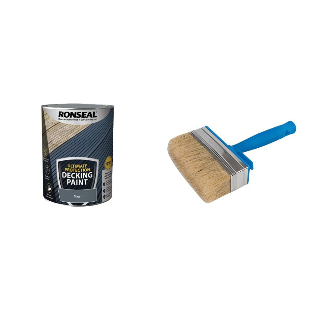 RONSEAL ULTIMATE DECKING PAINT SLATE 5L & Silverline 394974 Block Brush 115 mm / 4-1/2