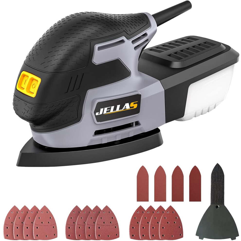 Jellas Detail Mouse Sander, 220W Compact Sander Machine For Wood, 13,000 Rpm Sanders With Dust Collection, 12Pcs Standard Sandpapers, 4 Finger Attachm 5051218527815