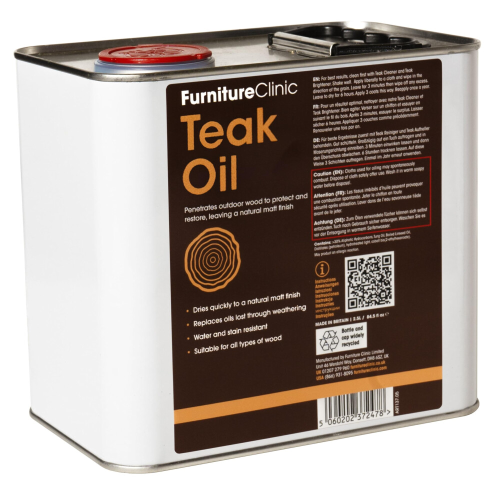 Furniture Clinic Teak Oil For Wood - 2.5L - Restore & Prevent Drying Of Indoor & Outdoor Wooden Garden Furniture - Quick Drying Restorer & Protector T 5051218527853