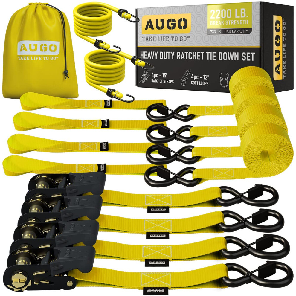 Augo Ratchet Tie Down Straps ?4 Pk? 15 Ft ? 2,200 Lb Break Strength ? Safety Lock S Hooks ?For Moving Cargo, Appliances, Lawn Equipment, Motorcycle ? 5051218528225