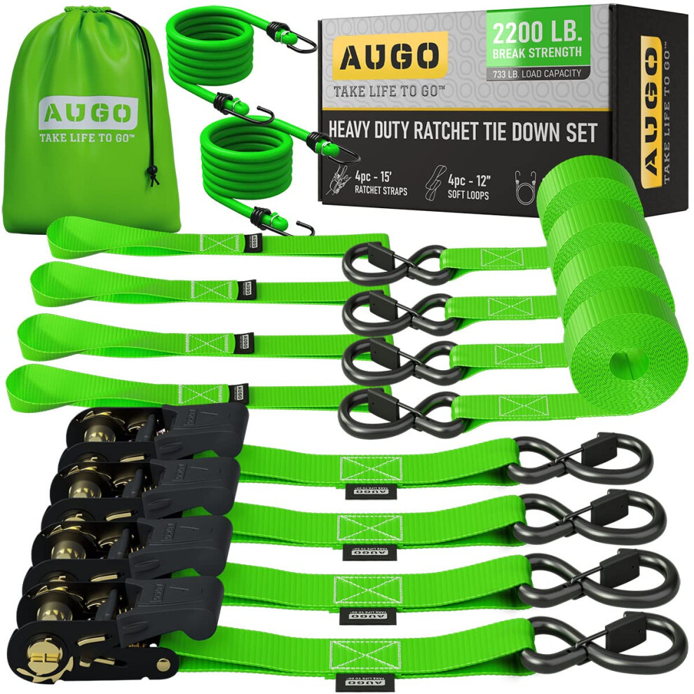 Augo Ratchet Tie Down Straps ?4 Pk? 15 Ft ? 2,200 Lb Break Strength ? Safety Lock S Hooks ?For Moving Cargo, Appliances, Lawn Equipment, Motorcycle ? 5051218528232