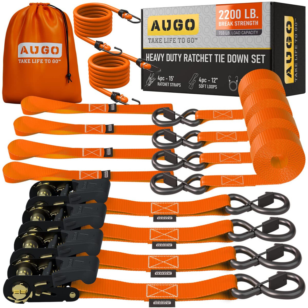 Augo Ratchet Tie Down Straps ?4 Pk? 15 Ft ? 2,200 Lb Break Strength ? Safety Lock S Hooks ?For Moving Cargo, Appliances, Lawn Equipment, Motorcycle ? 5051218528287