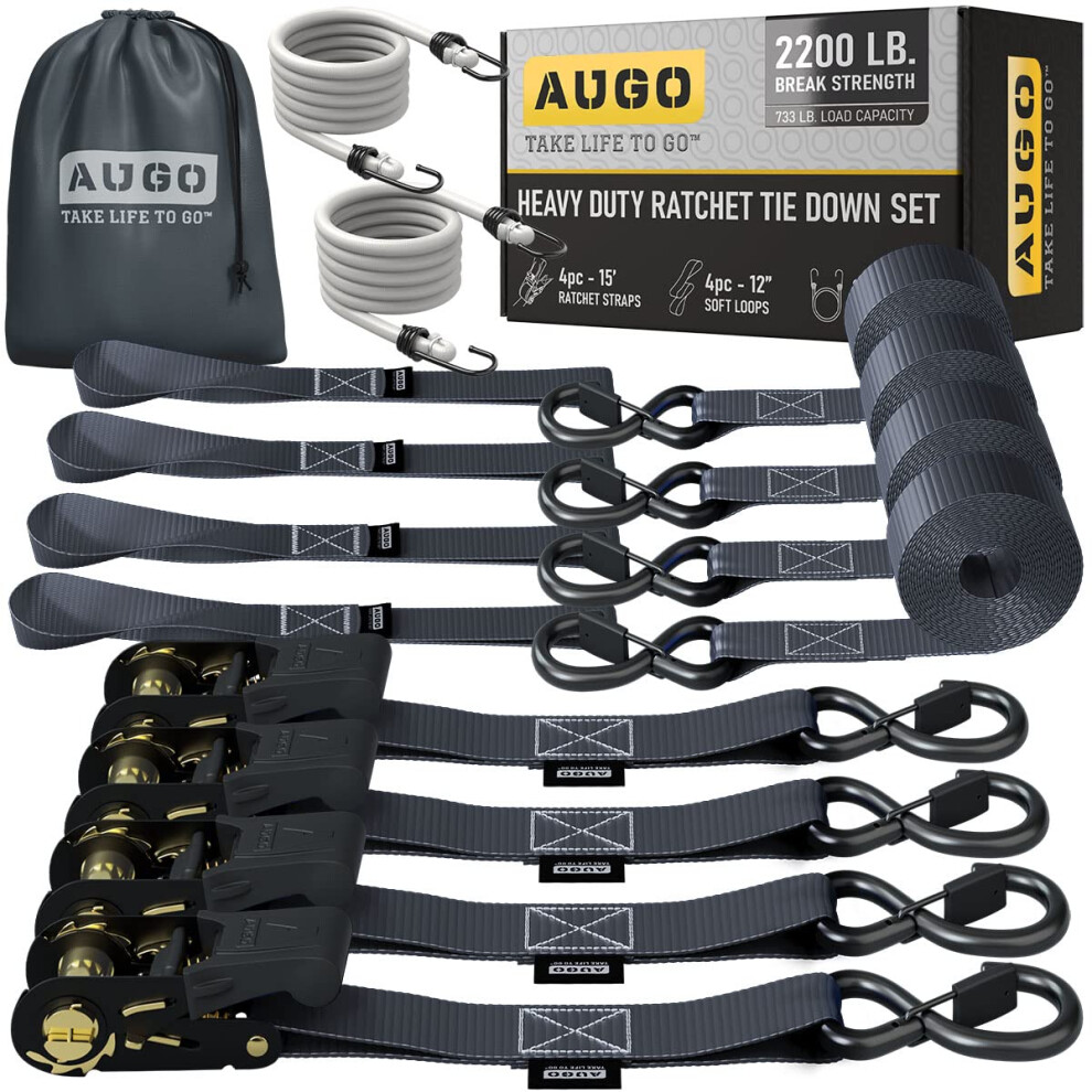 Augo Ratchet Tie Down Straps ?4 Pk? 15 Ft ? 2,200 Lb Break Strength ? Safety Lock S Hooks ?For Moving Cargo, Appliances, Lawn Equipment, Motorcycle ? 5051218528256
