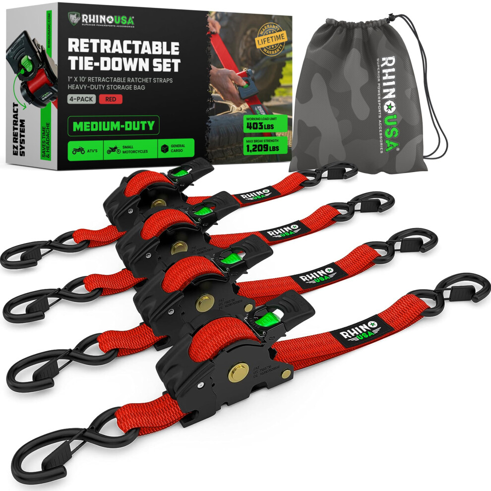 Rhino Usa Retractable Ratchet Tie Down Straps (4Pk) - 540Kg Guaranteed Max Break Strength, Includes (4) Ultimate 2.5 Cm X 3 M Autoretract Tie Downs Wi 5051218528409