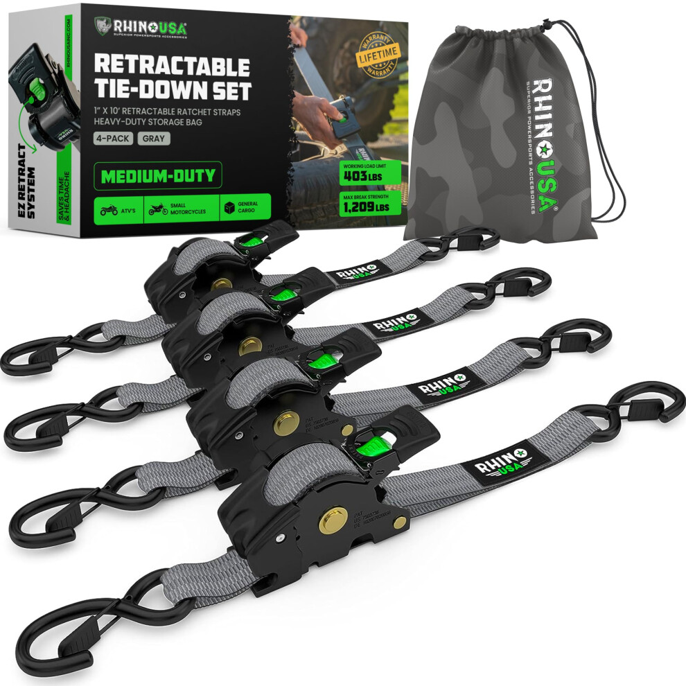 Rhino Usa Retractable Ratchet Tie Down Straps (4Pk) - 540Kg Guaranteed Max Break Strength, Includes (4) Ultimate 2.5 Cm X 3 M Autoretract Tie Downs Wi 5051218528416