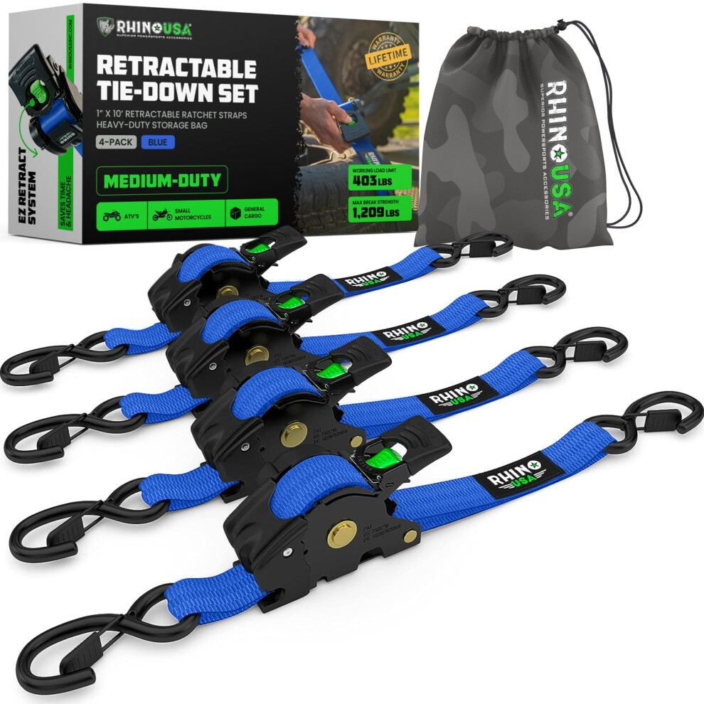 Rhino Usa Retractable Ratchet Tie Down Straps (4Pk) - 540Kg Guaranteed Max Break Strength, Includes (4) Ultimate 2.5 Cm X 3 M Autoretract Tie Downs Wi 5051218528652