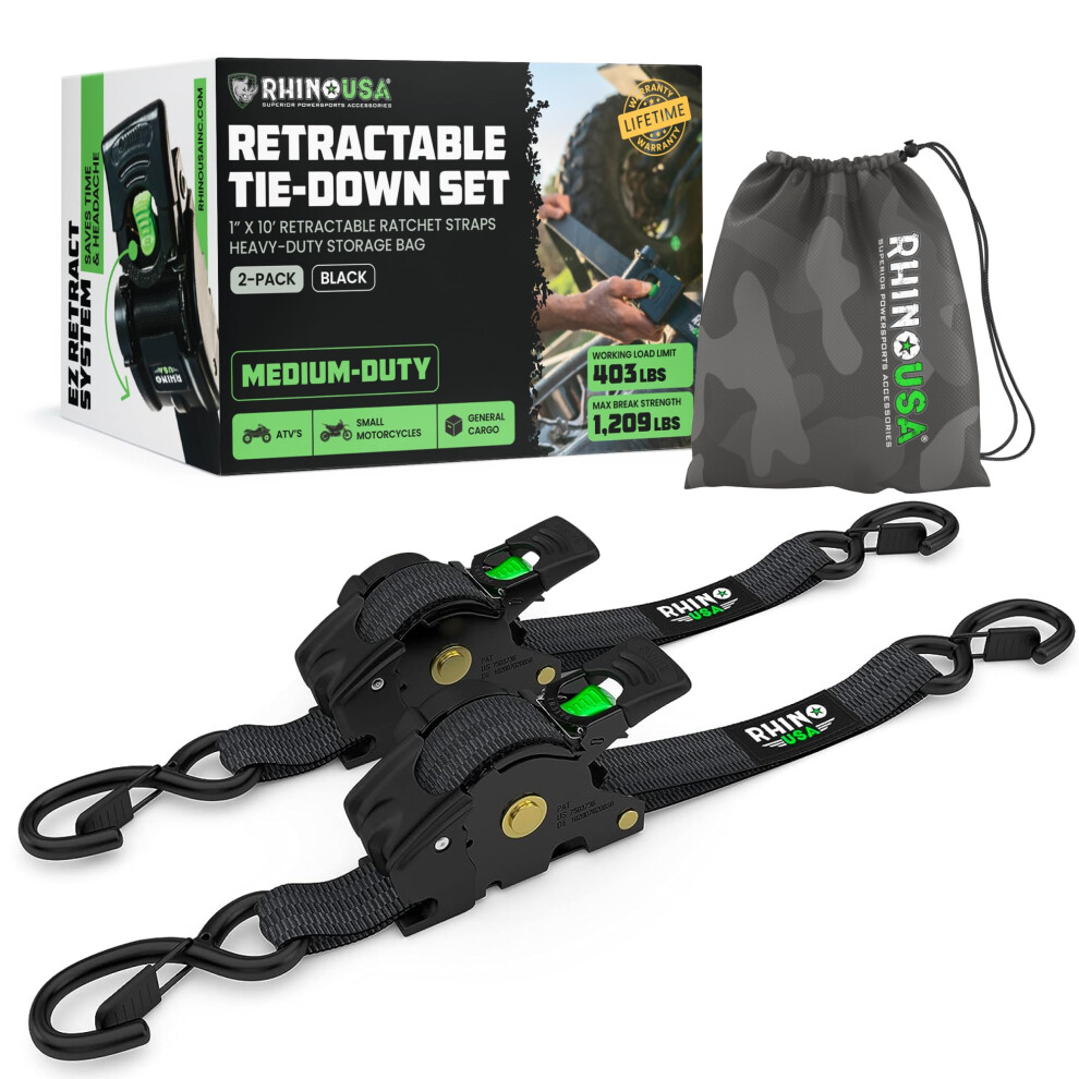 Rhino Usa Retractable Ratchet Tie Down Straps (2Pk) - 540Kg Guaranteed Max Break Strength, Includes (2) Ultimate 2.5 Cm X 3 M Autoretract Tie Downs Wi 5051218528669