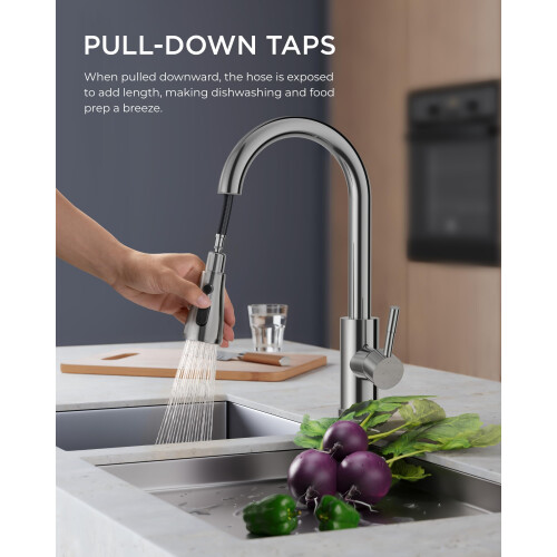 FORIOUS Kitchen Sink Taps Mixer with Pull Out Spray, Swivel Single Handle High Arc Pull Down Stainless Steel Kitchen Faucet, Polished Chrome 1