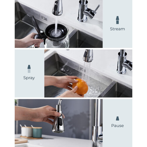 FORIOUS Kitchen Sink Taps Mixer with Pull Out Spray, Swivel Single Handle High Arc Pull Down Stainless Steel Kitchen Faucet, Polished Chrome 2