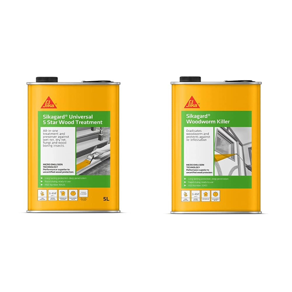 Sikagard SKGDUNI5 Universal 5 Star Wood Treatment - All In One Treatment For Wet Rot, 5 Litre & ard Woodworm Killer - Eradicates Woodworm and Protects