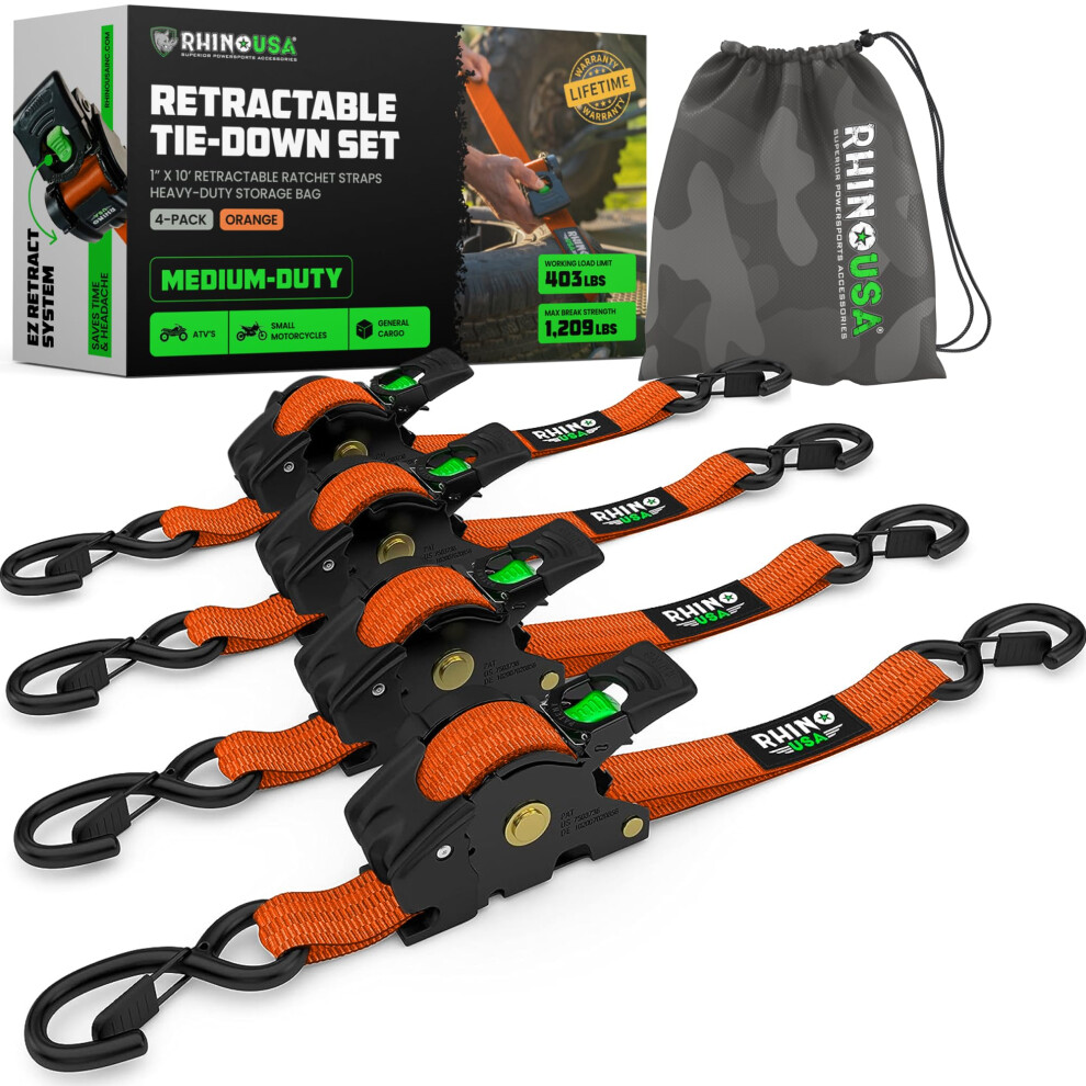 Rhino Usa Retractable Ratchet Tie Down Straps (4Pk) - 540Kg Guaranteed Max Break Strength, Includes (4) Ultimate 2.5 Cm X 3M Autoretract Downs With Pa 5051218529031