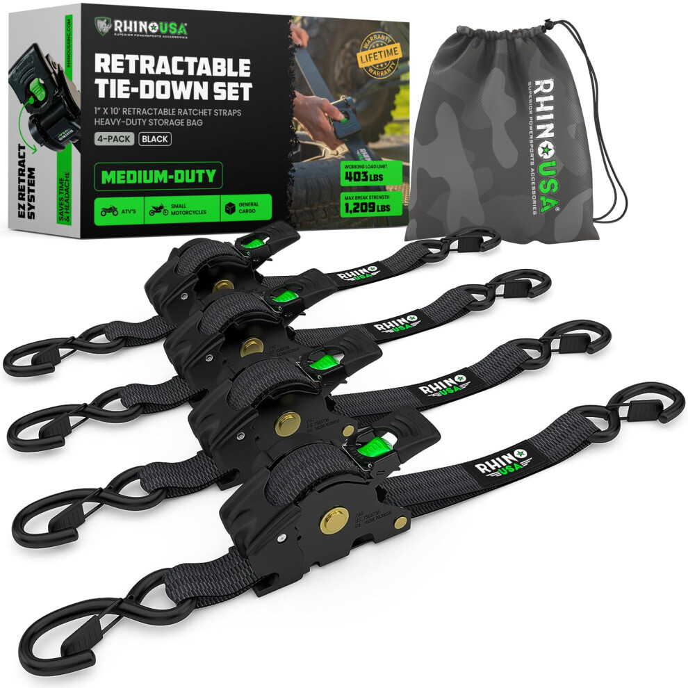 Rhino Usa Retractable Ratchet Tie Down Straps (4Pk) - 540Kg Guaranteed Max Break Strength, Includes 2.5 Cm X 3 M Autoretract Tie Downs With Padded Han 5051218529048