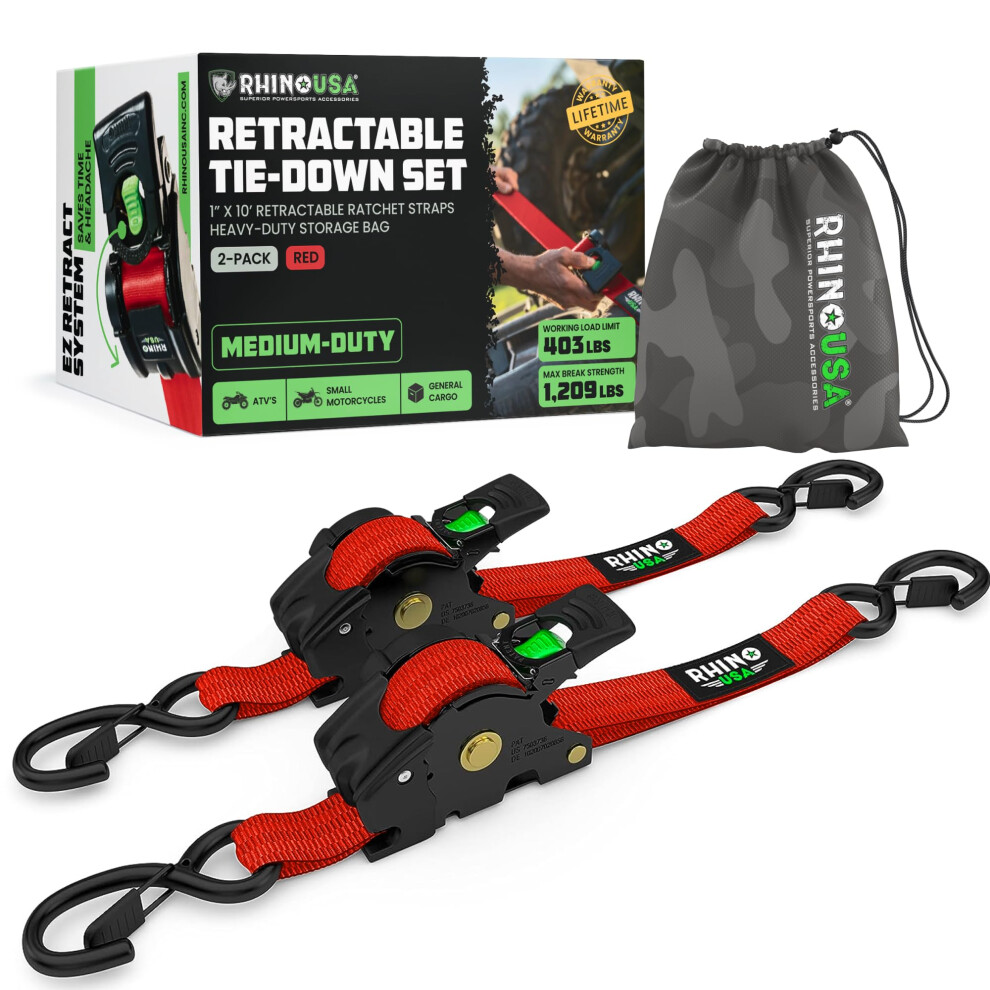 Rhino Usa Retractable Ratchet Tie Down Straps (2Pk) - 540Kg Guaranteed Max Break Strength, Includes (2) Ultimate 2.5 Cm X 3 M Autoretract Tie Downs Wi 5051218529079