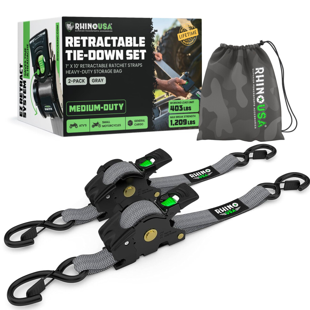 Rhino Usa Retractable Ratchet Tie Down Straps (2Pk) - 540Kg Guaranteed Max Break Strength, Includes (2) Ultimate 2.5 Cm X 3 M Autoretract Tie Downs Wi 5051218529086