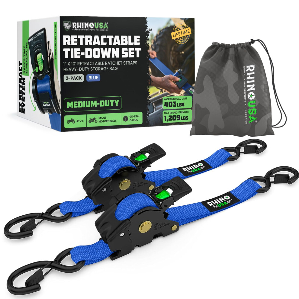 Rhino Usa Retractable Ratchet Tie Down Straps (2Pk) - 540Kg Guaranteed Max Break Strength, Includes (2) Ultimate 2.5 Cm X 3 M Autoretract Tie Downs Wi 5051218529093