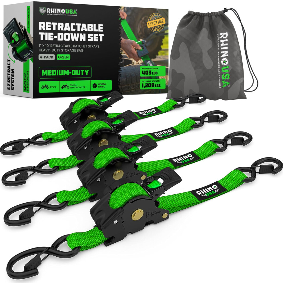 Rhino Usa Retractable Ratchet Tie Down Straps (4Pk) - 540Kg Guaranteed Max Break Strength, Includes (4) Ultimate 2.5 Cm X 3 M Autoretract Tie Downs Wi 5051218529116
