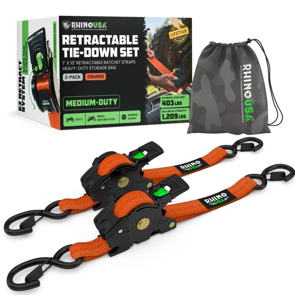 Rhino Usa Retractable Ratchet Tie Down Straps (2Pk) - 540Kg Guaranteed Max Break Strength, Includes (2) Ultimate 2.5 Cm X 3 M Autoretract Tie Downs Wi 5051218529109