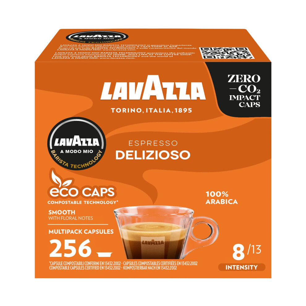 Lavazza , A Modo Mio Espresso Delizioso, Coffee Capsules, 100% Arabica, Sweet Taste, Intensity 8/13, Medium Roasting, Compostable, 16 Packs Of 16 Coffe