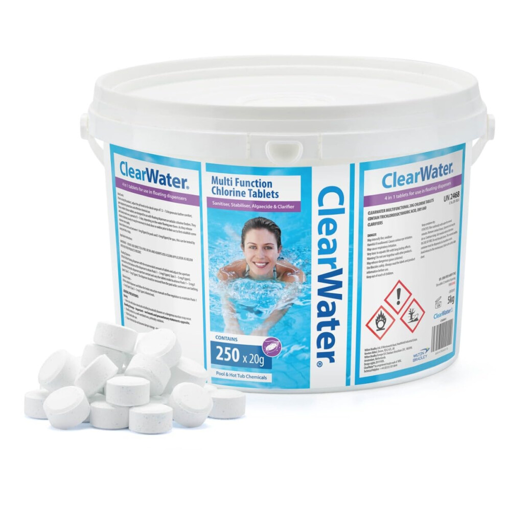 Clearwater 5 kg Multifunction Chlorine Tablets, 4-in-1 Dispenser Tablets (Sanitiser, Stabiliser, Algaecide and Clarifier) for Pools and Hot Tubs, 250