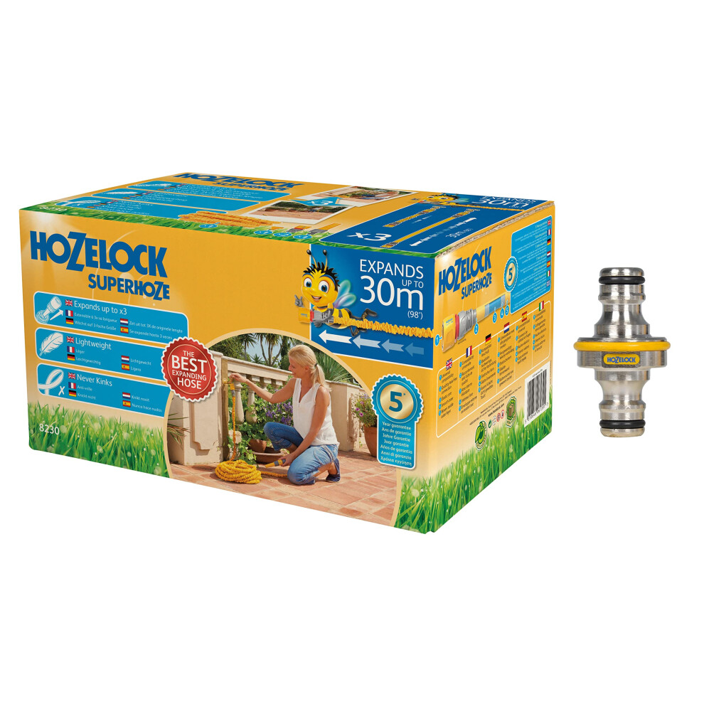 Hozelock 30m Superhoze Hosepipe, Yellow & Grey & Pro Metal Double Male Hose End Connector