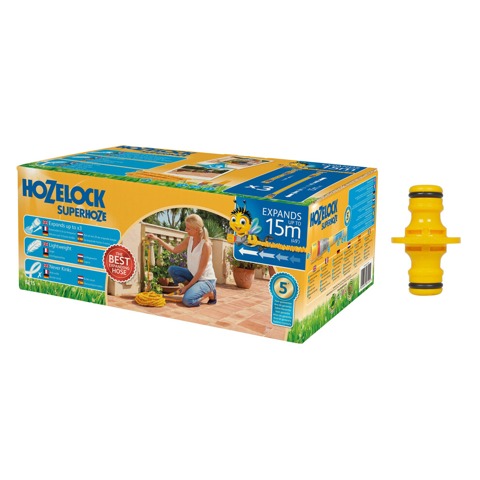 Hozelock 15m Superhoze Hosepipe, Yellow & Grey & Double Male Connector
