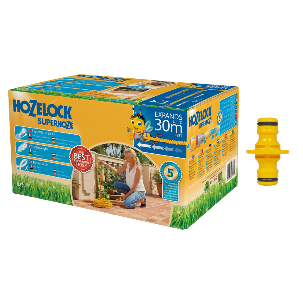Hozelock 30m Superhoze Hosepipe, Yellow & Grey & Double Male Connector
