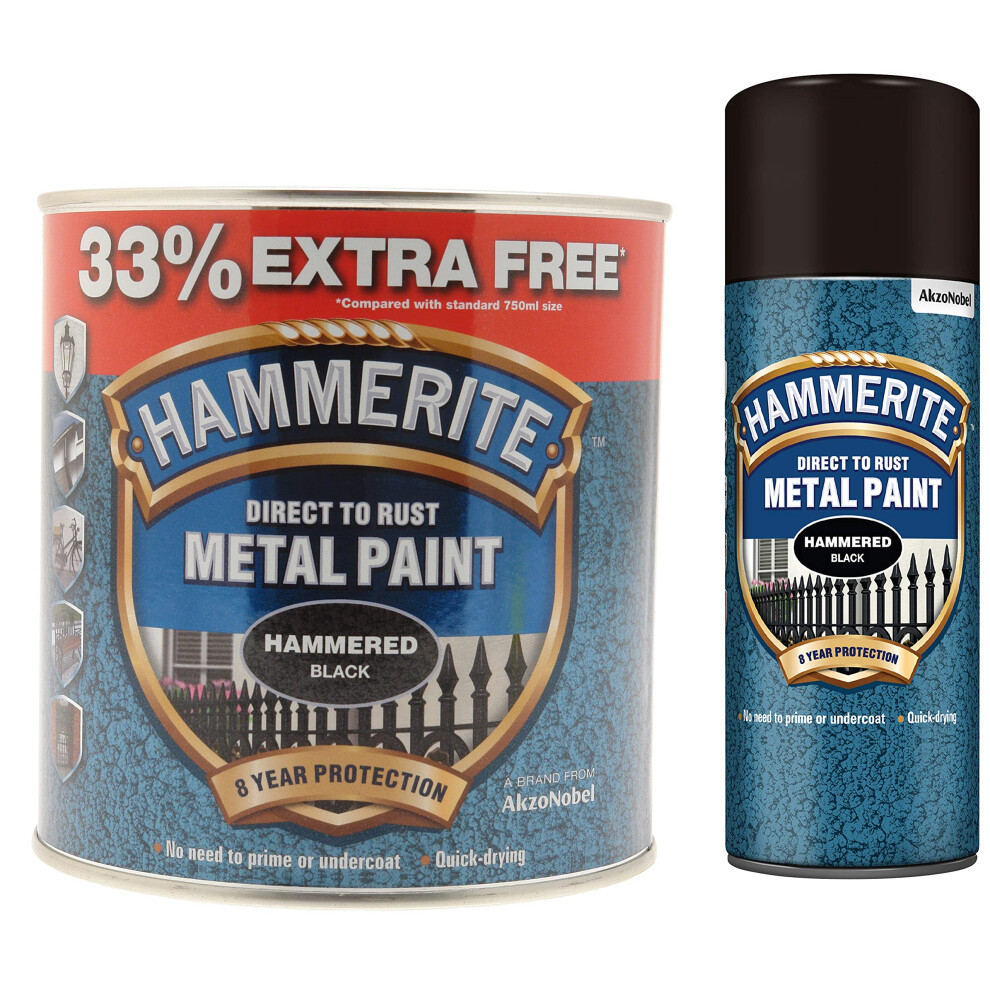 Hammerite 5158237 Metal Paint - Hammered Black, 1 L & 5084781 Metal Paint: Hammered Black 400ml (Aerosol)