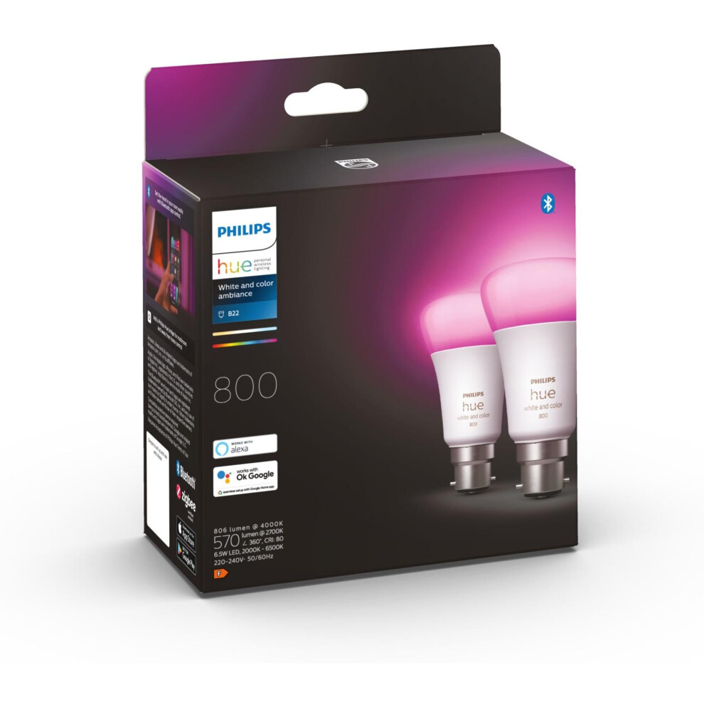 Philips Hue White and Colour Ambiance Smart Bulb Twin Pack LED [B22 Bayonet Cap] - 806 Lumens 60W Equivalent. for Home Indoor Lighting, Livingroom and