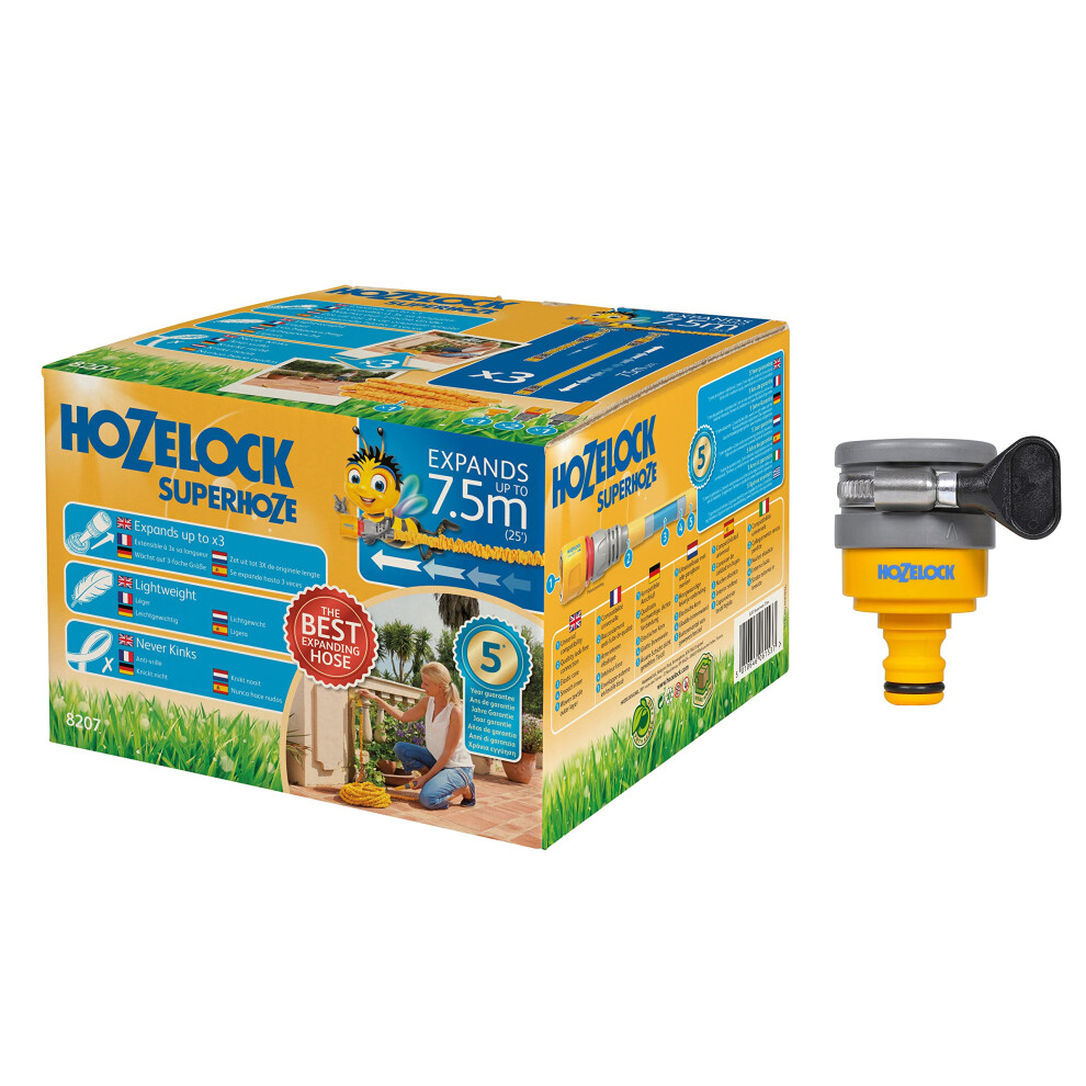 Hozelock 7.5m Superhoze Hosepipe, Yellow & Grey & Round Mixer Tap Connector with a Minimum Diameter of 20 mm & a Maximum Diameter of 24 mm