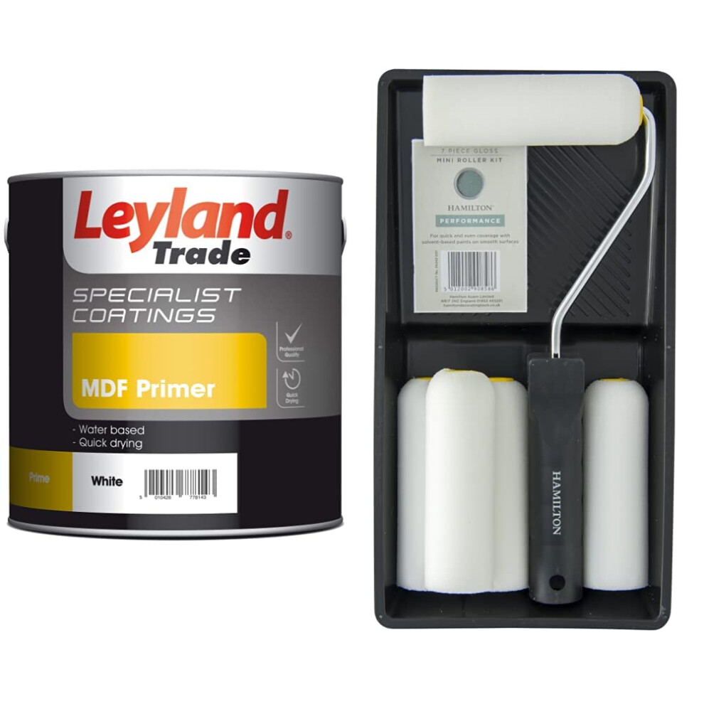 Leyland Speciality Mdf Primer - White 2.5L & Performance Gloss Mini Roller Kit (7 Pieces) 5051218530525