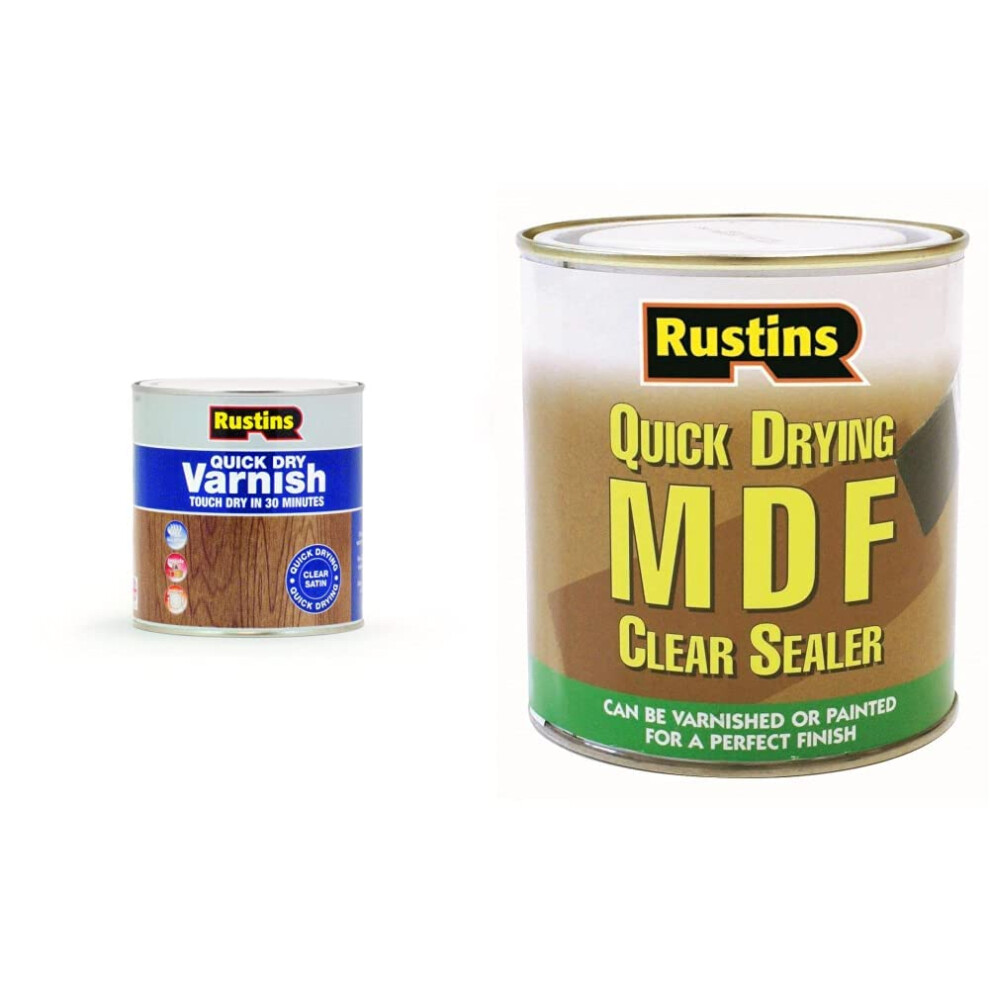 Rustins Quick Dry Varnish Clear Satin 1l & Quick Drying MDF Clear Sealer 1L